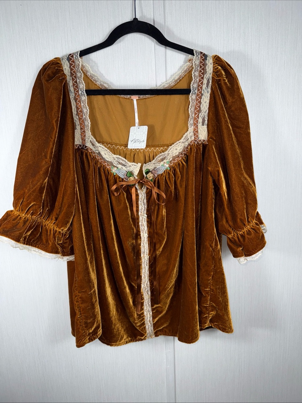 Free People XL Let's Voyage Velvet Viscose Lace Top in Bronze Brown Fairy